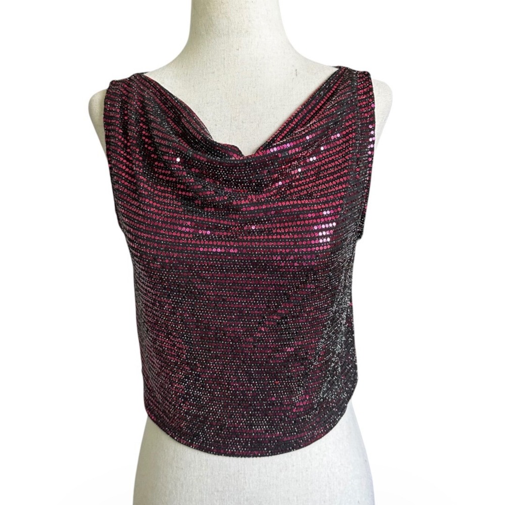 Sincerely Jules Womens Pink Black Sequin Cowl Neck Sleeveless Crop Top M | 0348